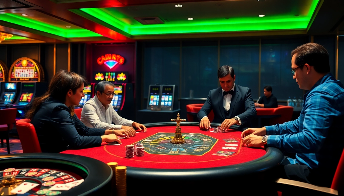 Engaged players at ST66 poker table in a vibrant casino atmosphere, showcasing rich colors and exciting gameplay.