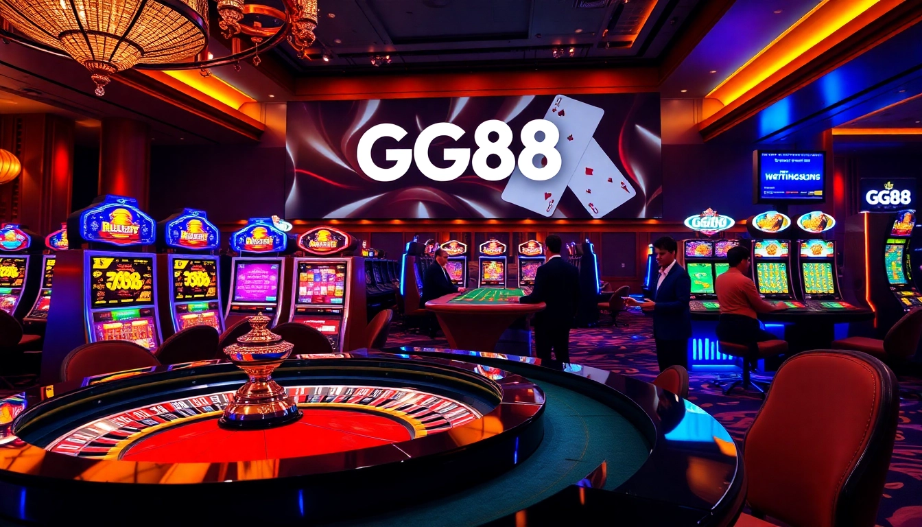 GG88 branded casino scene showcasing roulette, poker, and exciting gaming atmosphere.