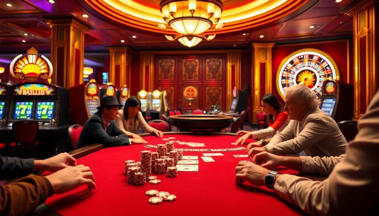 Players at a vibrant casino table enjoying poker while exploring https://ok8386.sh/ for thrilling games and bets.