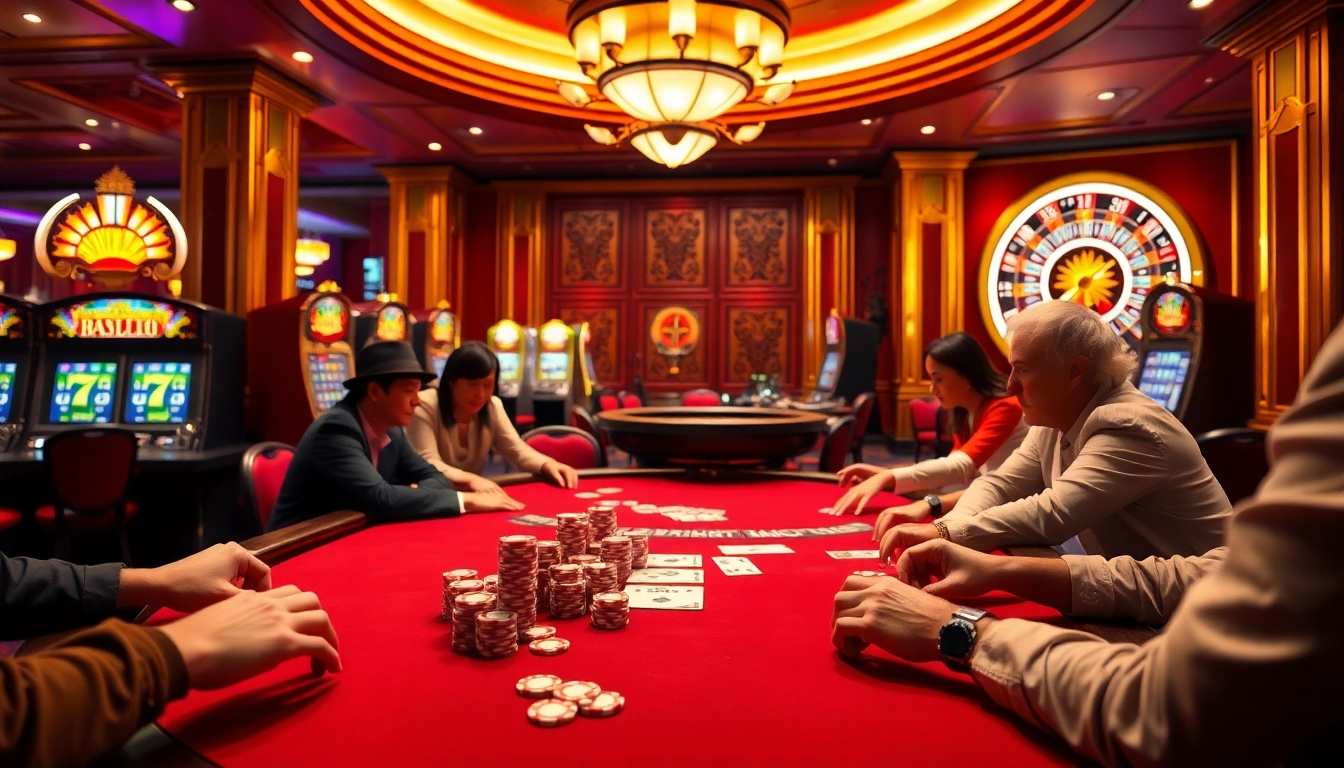 Players at a vibrant casino table enjoying poker while exploring https://ok8386.sh/ for thrilling games and bets.