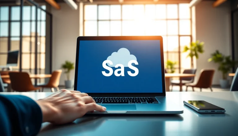 SaaS workspace visual depicting a modern laptop setup with cloud software in use.