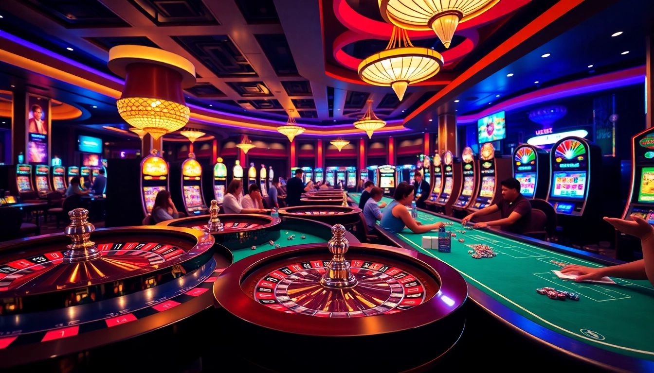 Players engaging in thrilling casino games at https://new8838.net/ featuring roulette wheels and vibrant slot machines.