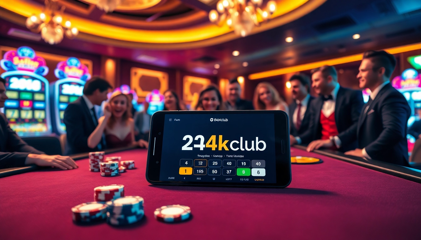 Engaging scene of players using the 24kclub app at a casino table surrounded by high-stakes gaming elements.
