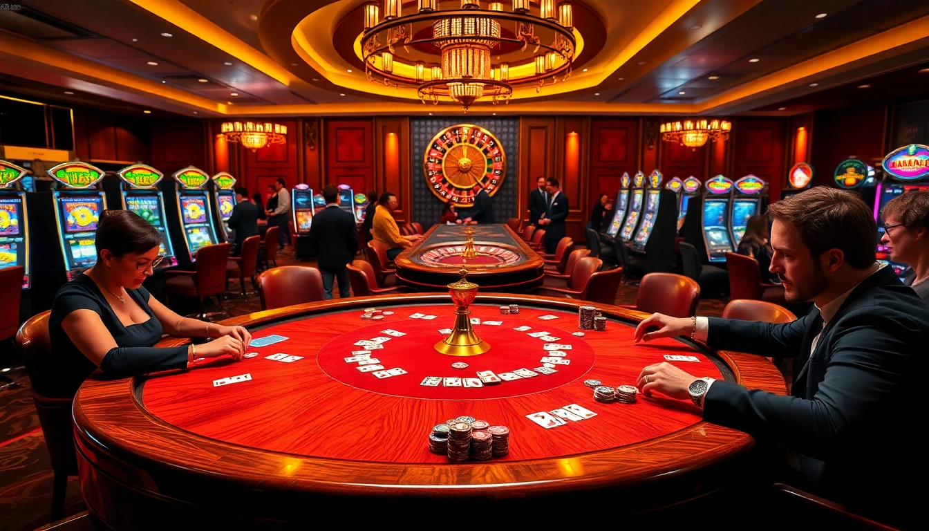 Experience thrilling gaming action at Nhà cái BL555 with a vibrant casino scene featuring poker and roulette.