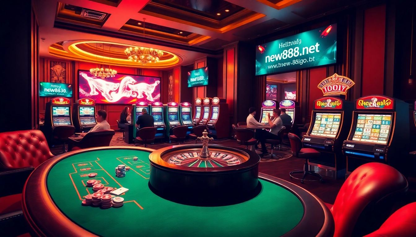 An exciting gambling scene at https://new8838.net/ showcasing a poker table and slot machines celebrating wins.