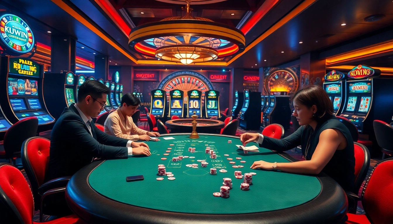 Kuwin gaming scene with professional players at a poker table and vibrant slot machines.