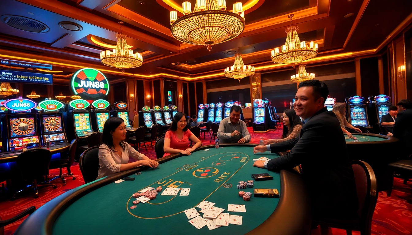 Experience the thrill of Jun88 at a vibrant casino table featuring poker chips and roulette.
