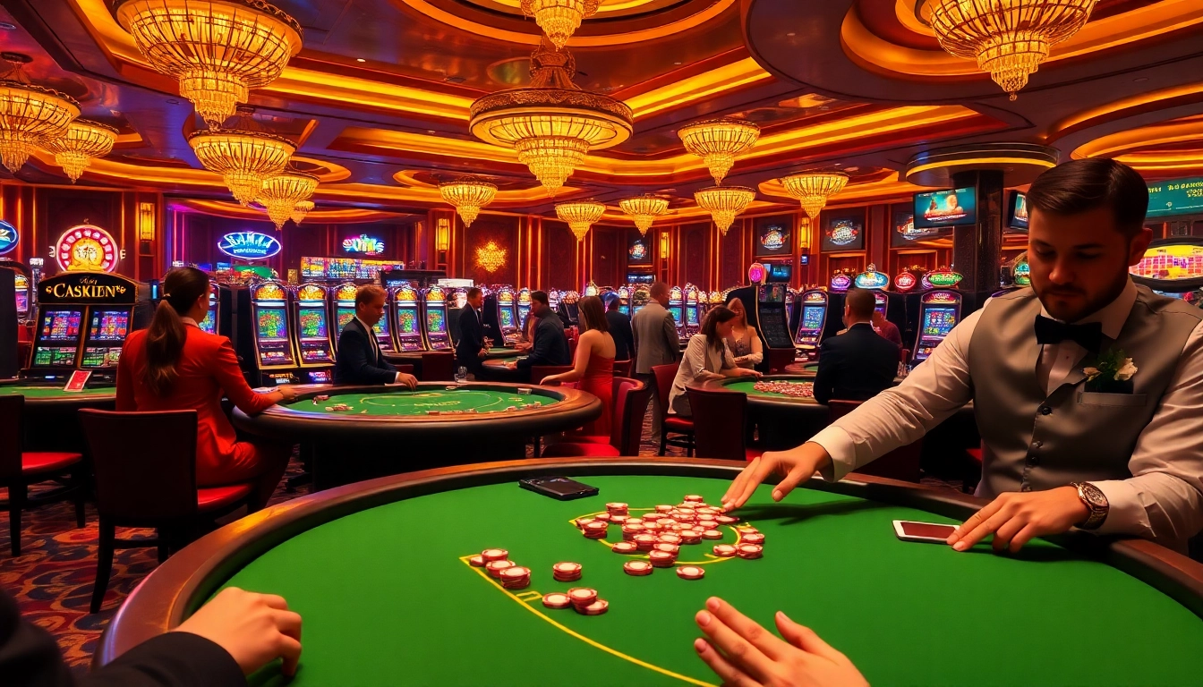 Exciting casino gaming scene at https://mm88.press/, featuring table games and vibrant slot machines.