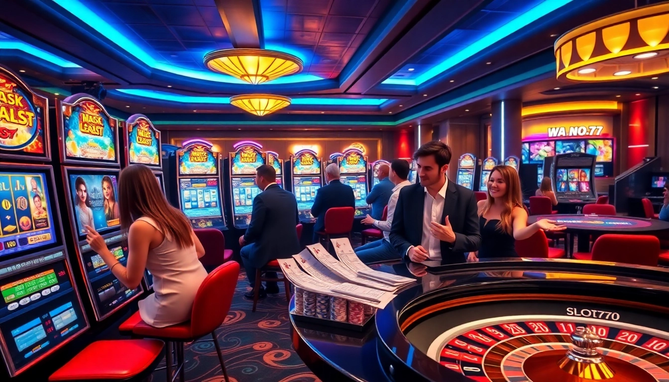 Gamblers enjoying slot777 machines in a vibrant casino environment.