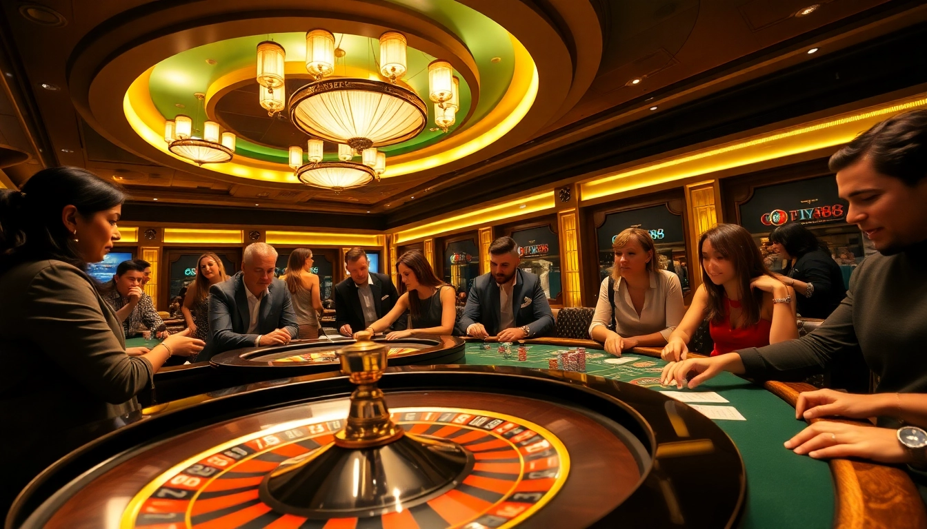 Engage with FLY88 gaming excitement at a vibrant casino table featuring roulette and poker elements.
