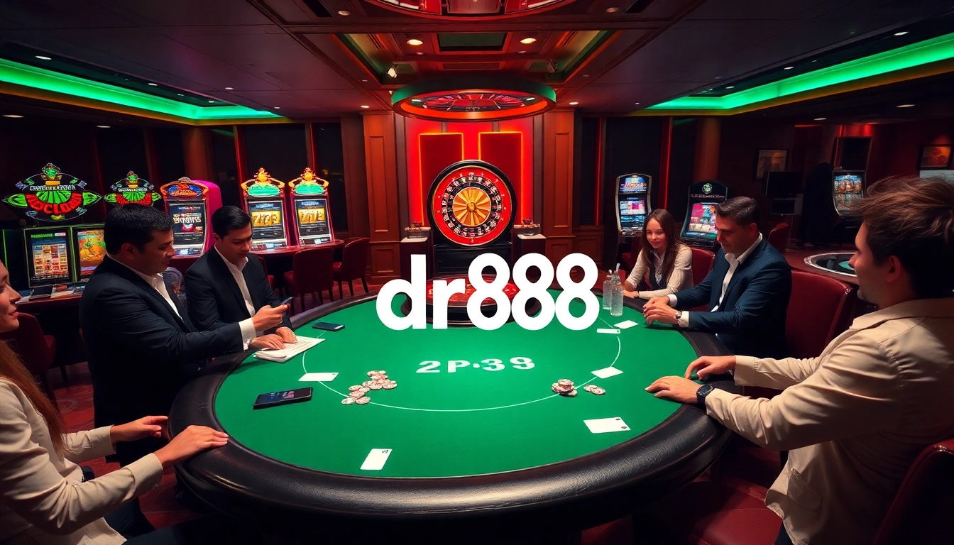 Experience high stakes at dr88's luxurious casino with vibrant slot machines and poker tables.