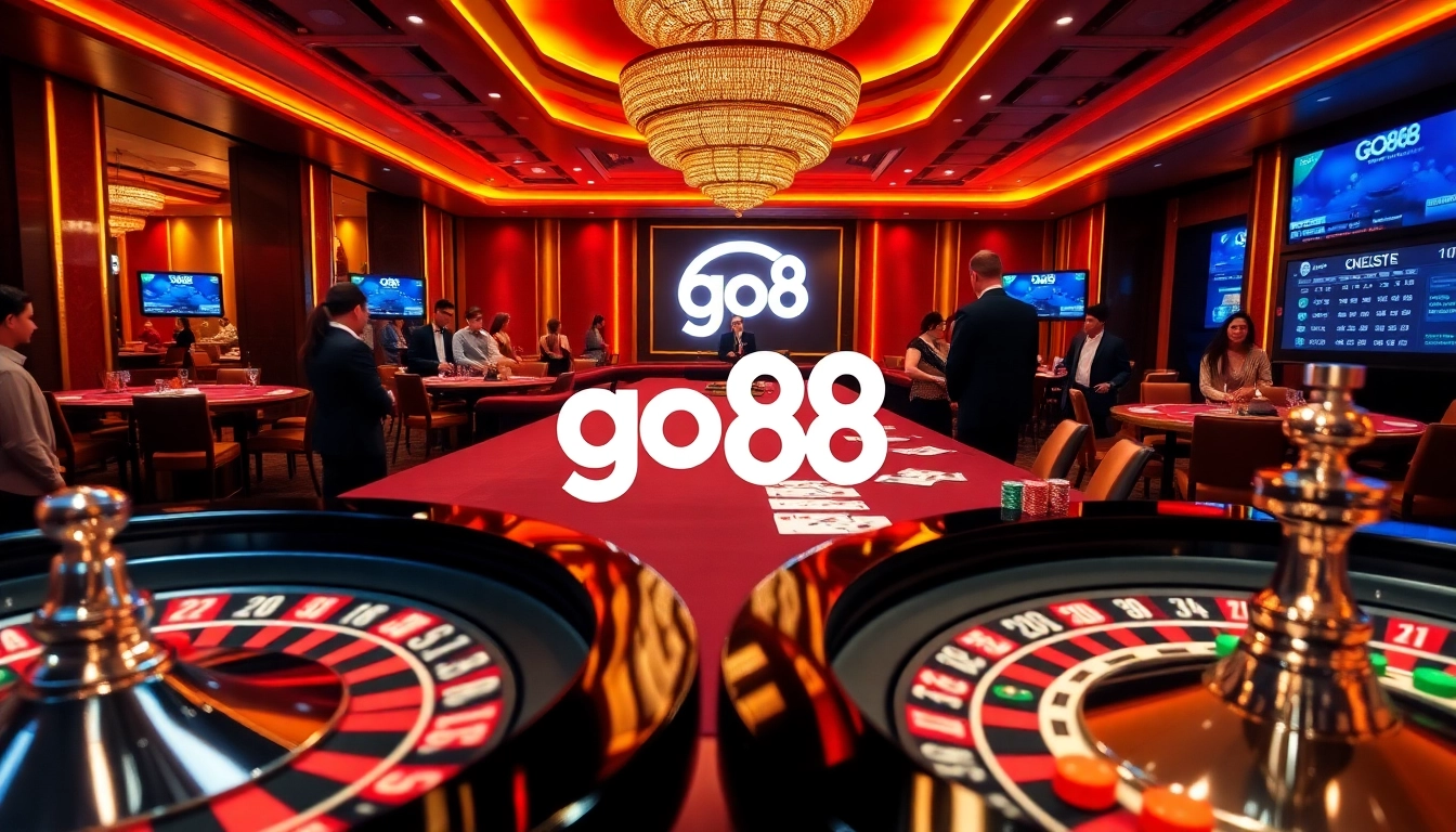 Players enjoying a vibrant casino experience at go 88, with dealers and colorful chips in action.
