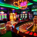 Experience excitement at pub88 with a luxurious casino atmosphere showcasing roulette, poker chips, and online betting.