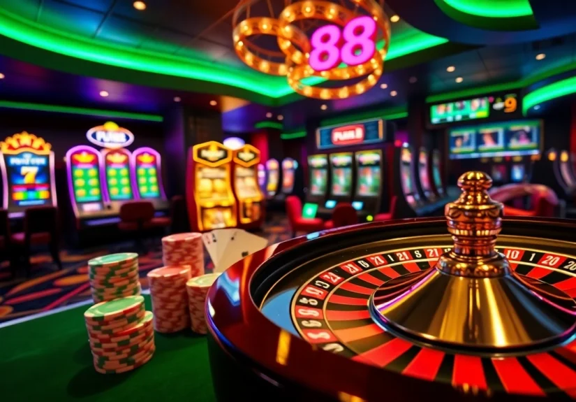 Experience excitement at pub88 with a luxurious casino atmosphere showcasing roulette, poker chips, and online betting.