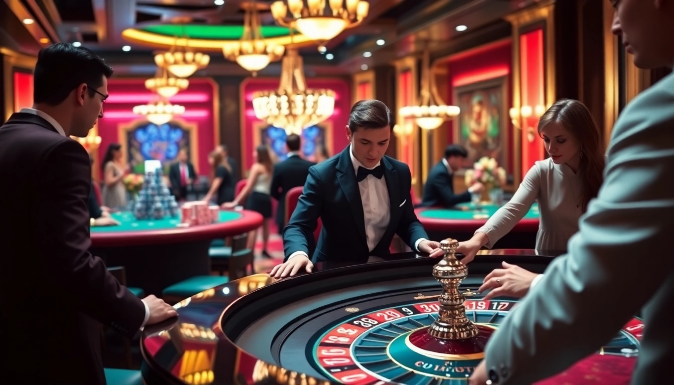 Experience the ultimate excitement of gambling at https://bet88fun.net/ with a luxurious casino scene featuring roulette and poker.