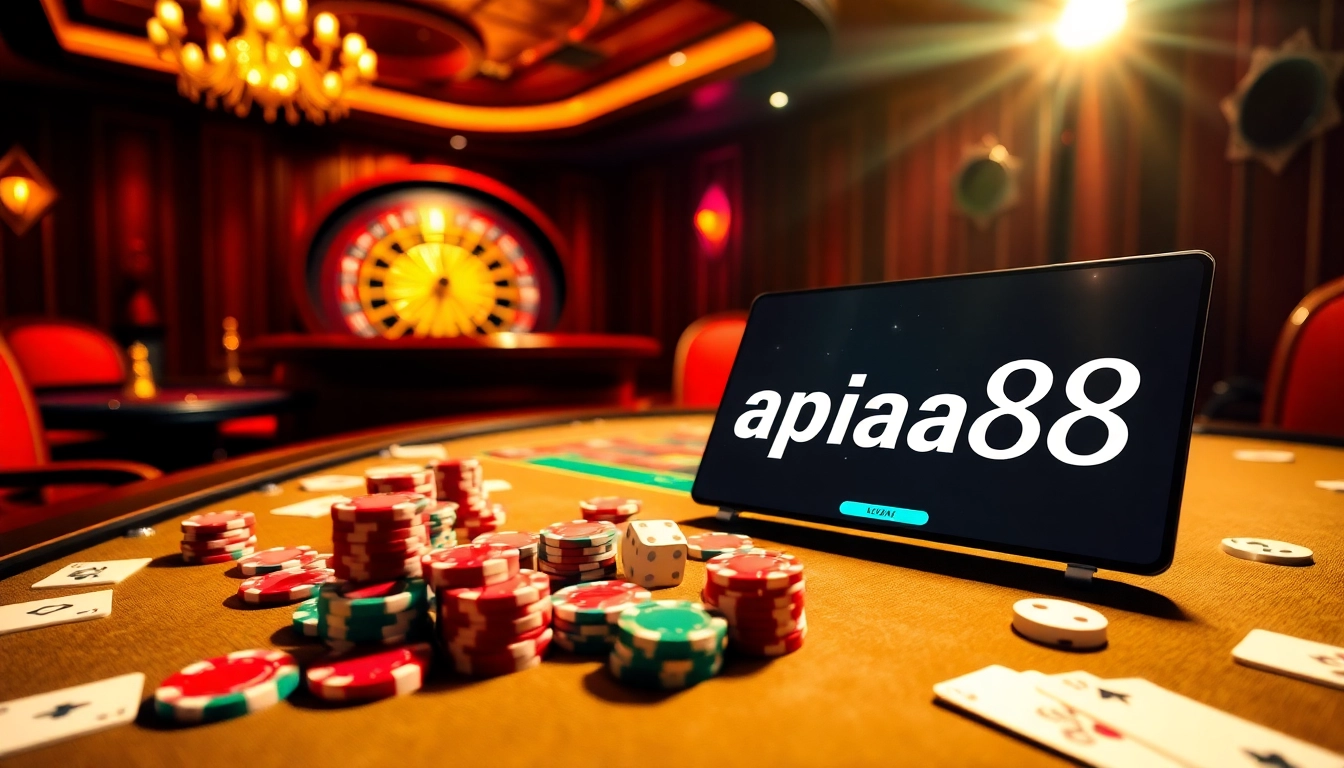 Experience the excitement of winning at apiraja88 with vibrant poker chips and a roulette wheel.