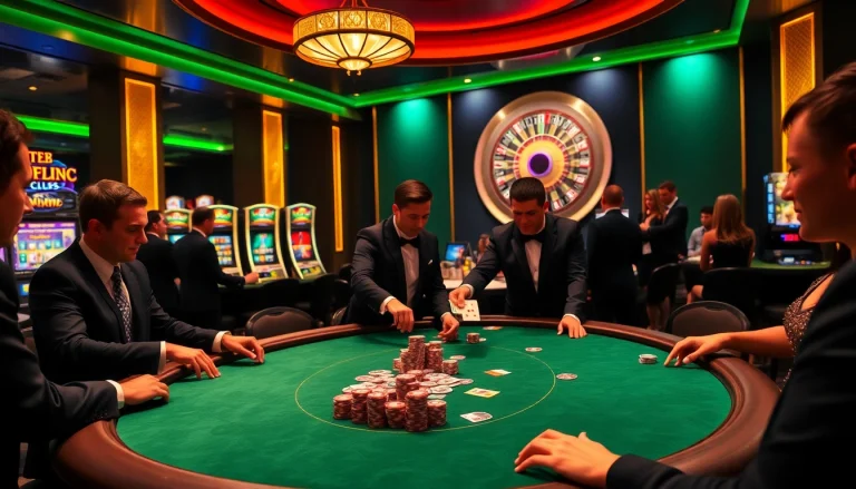 Players enjoy high-stakes poker at B52Club, surrounded by colorful chips and slot machines.