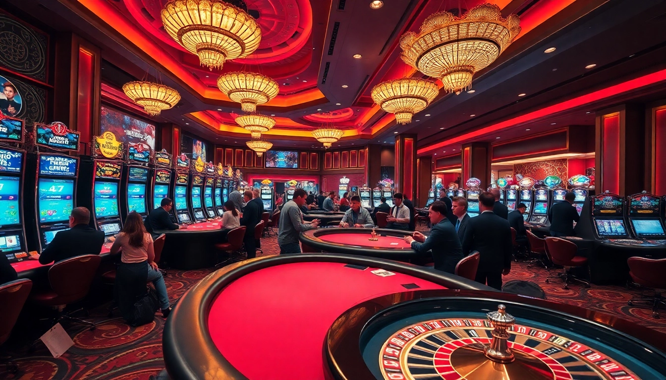 KUBET77 players enjoying a luxurious casino gaming experience with vibrant slot machines and poker tables.