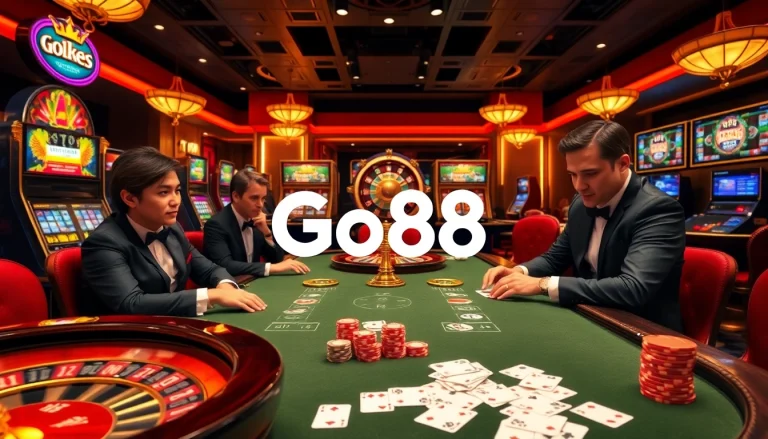 Go88 poker players at a luxurious casino table, showcasing high stakes and excitement.