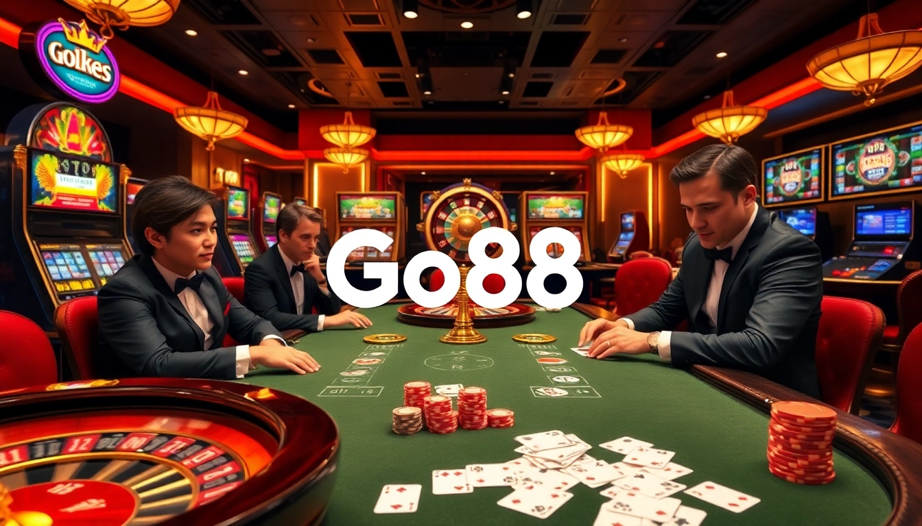 Go88 poker players at a luxurious casino table, showcasing high stakes and excitement.