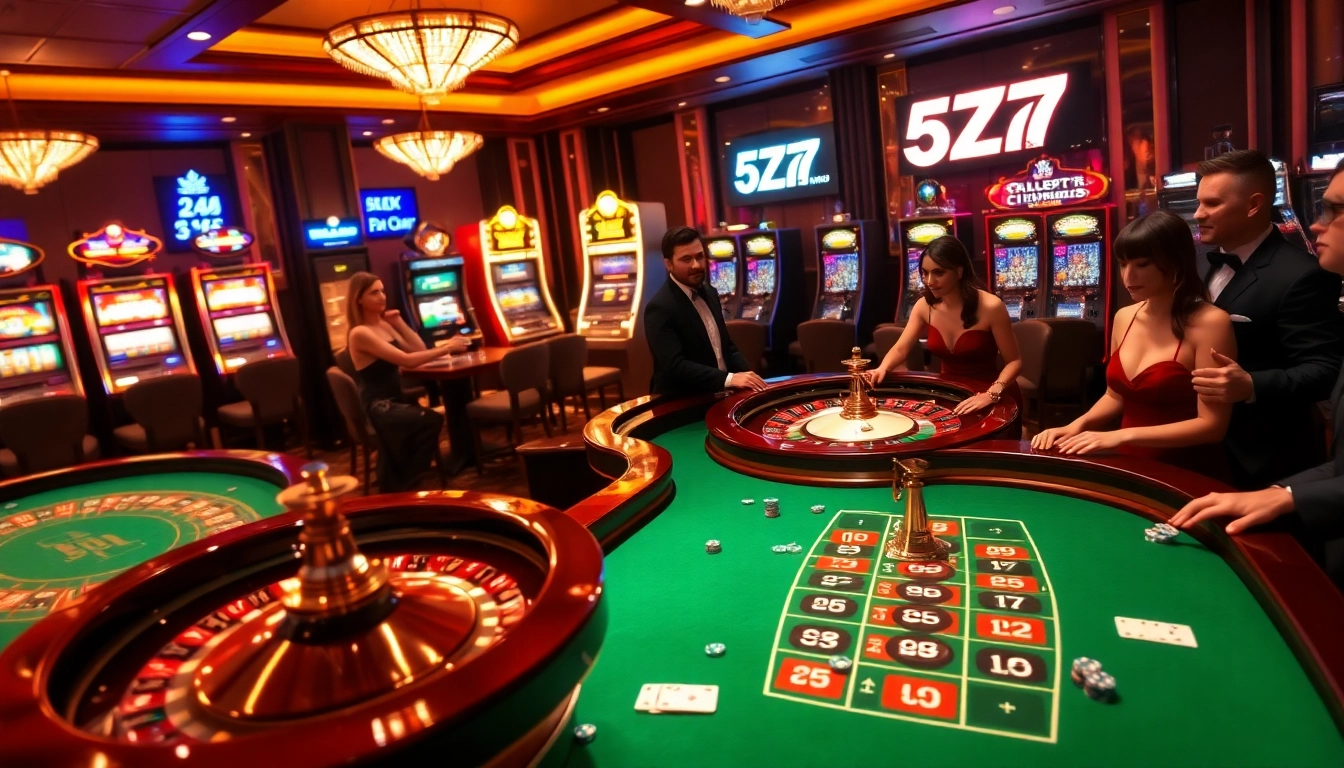 Experience the thrill of 5Z777 casino gaming with players engaging in vibrant roulette and poker.