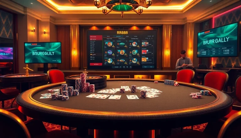 Experience the thrill of RR88 casino games with vibrant poker chips and immersive betting options.