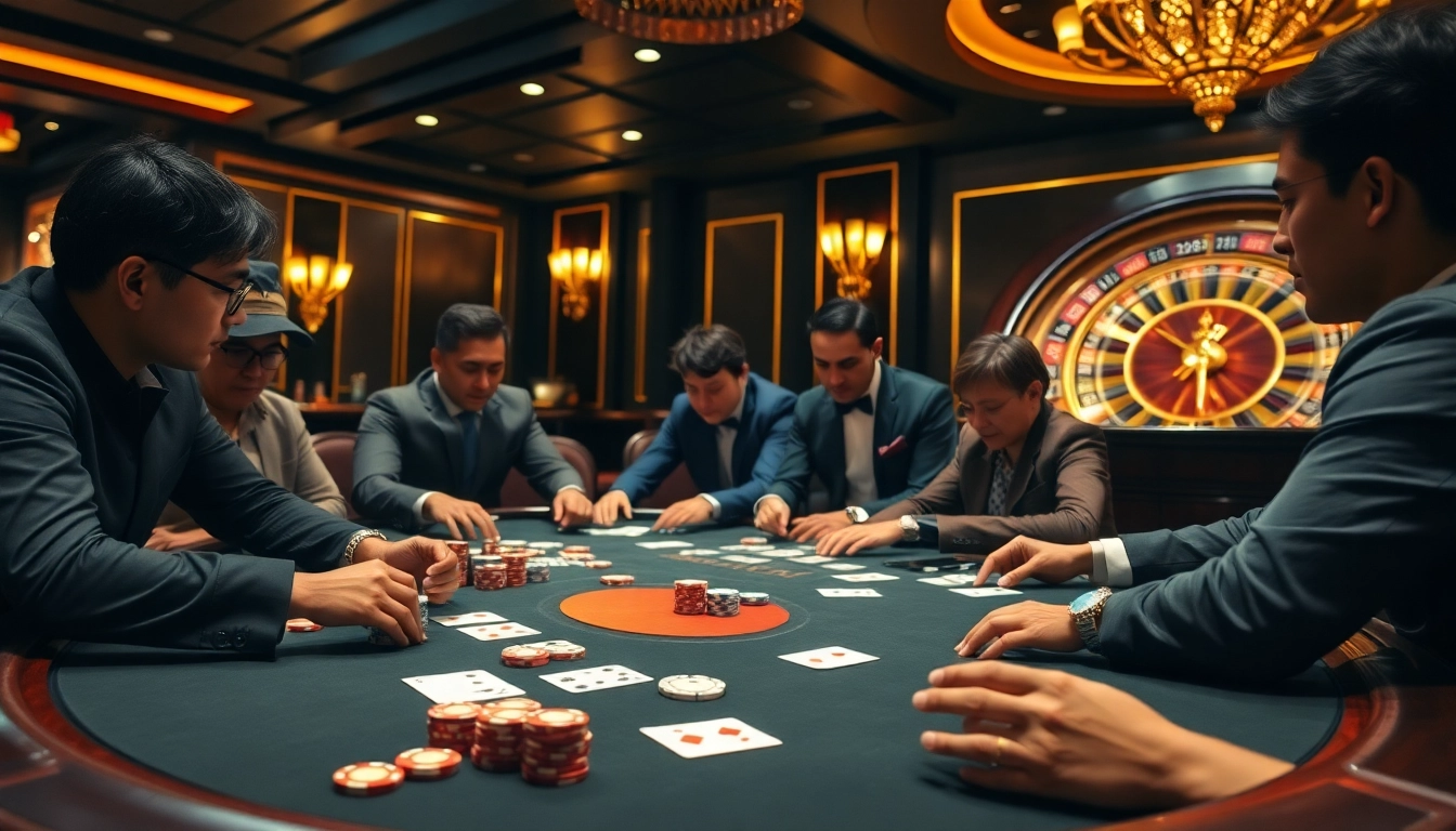 Engaging players at Thabet enjoy high-stakes poker with vibrant chips and cards.