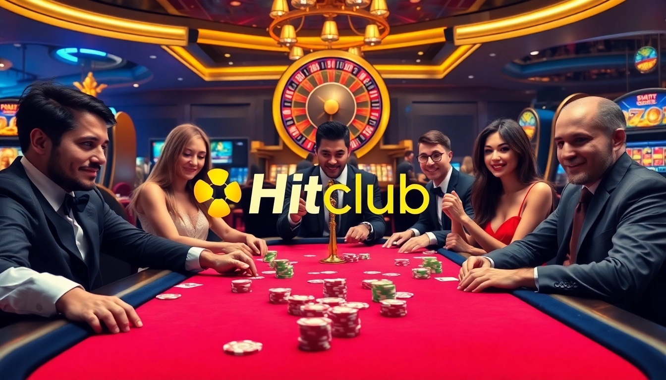 Players enjoying a thrilling game at Hitclub casino, surrounded by poker chips and roulette wheels.