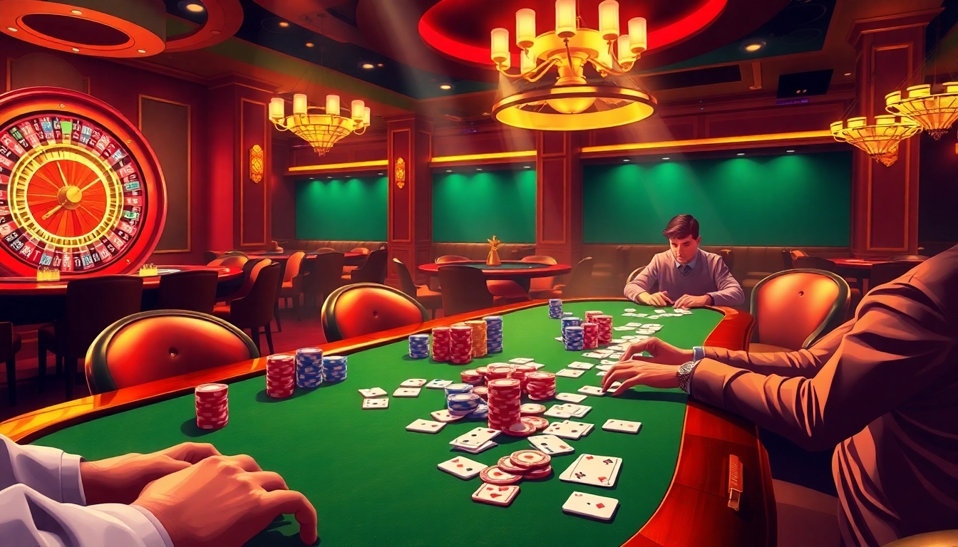 Players enjoying a high-stakes game at b52 club poker tables, vibrant casino atmosphere.