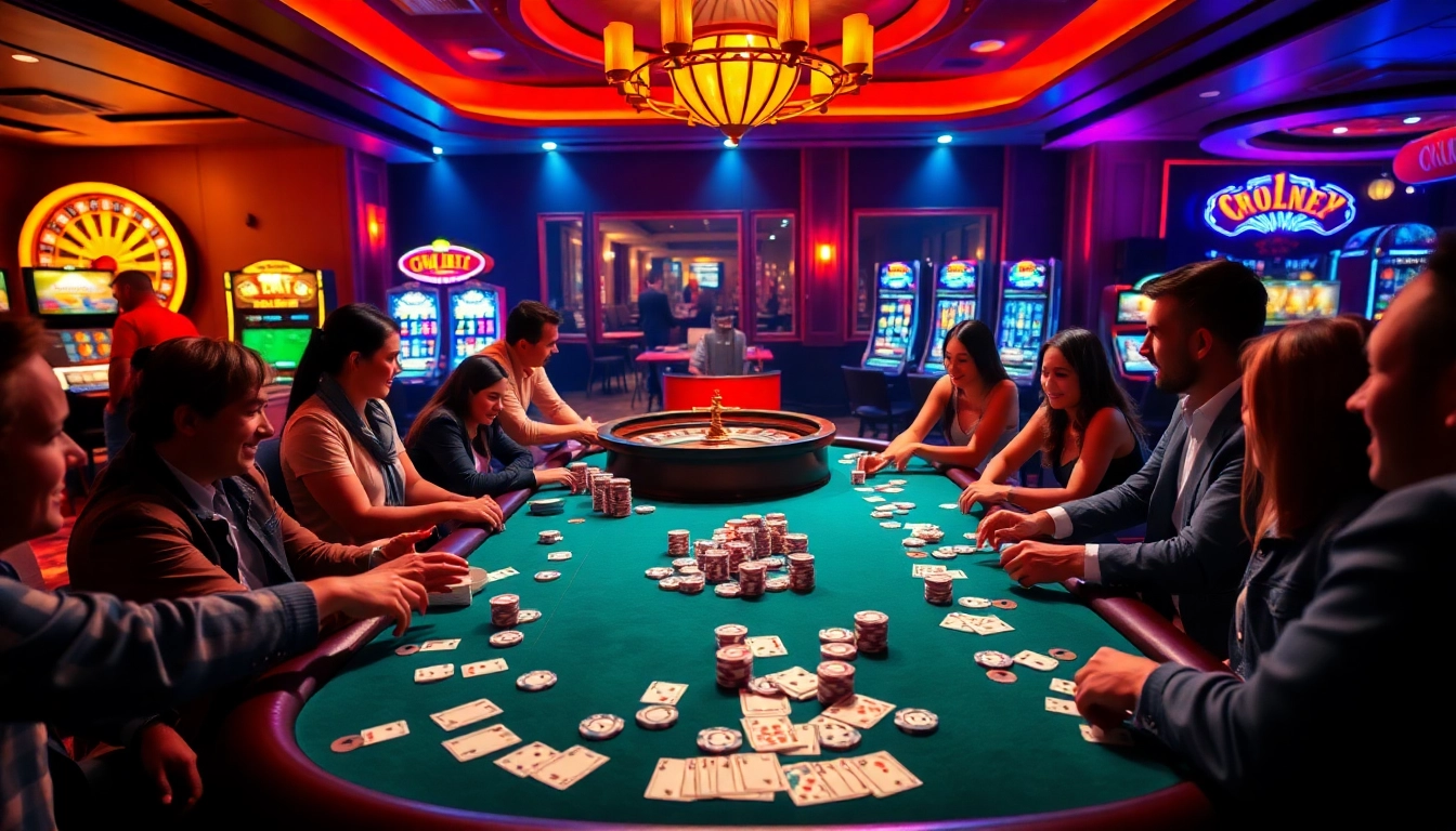 Players enjoying a thrilling game at the 789club casino table, surrounded by poker chips and excitement.