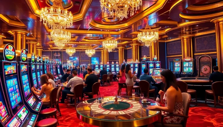Players enjoying slot88 games at a luxurious casino filled with vibrant slot machines.