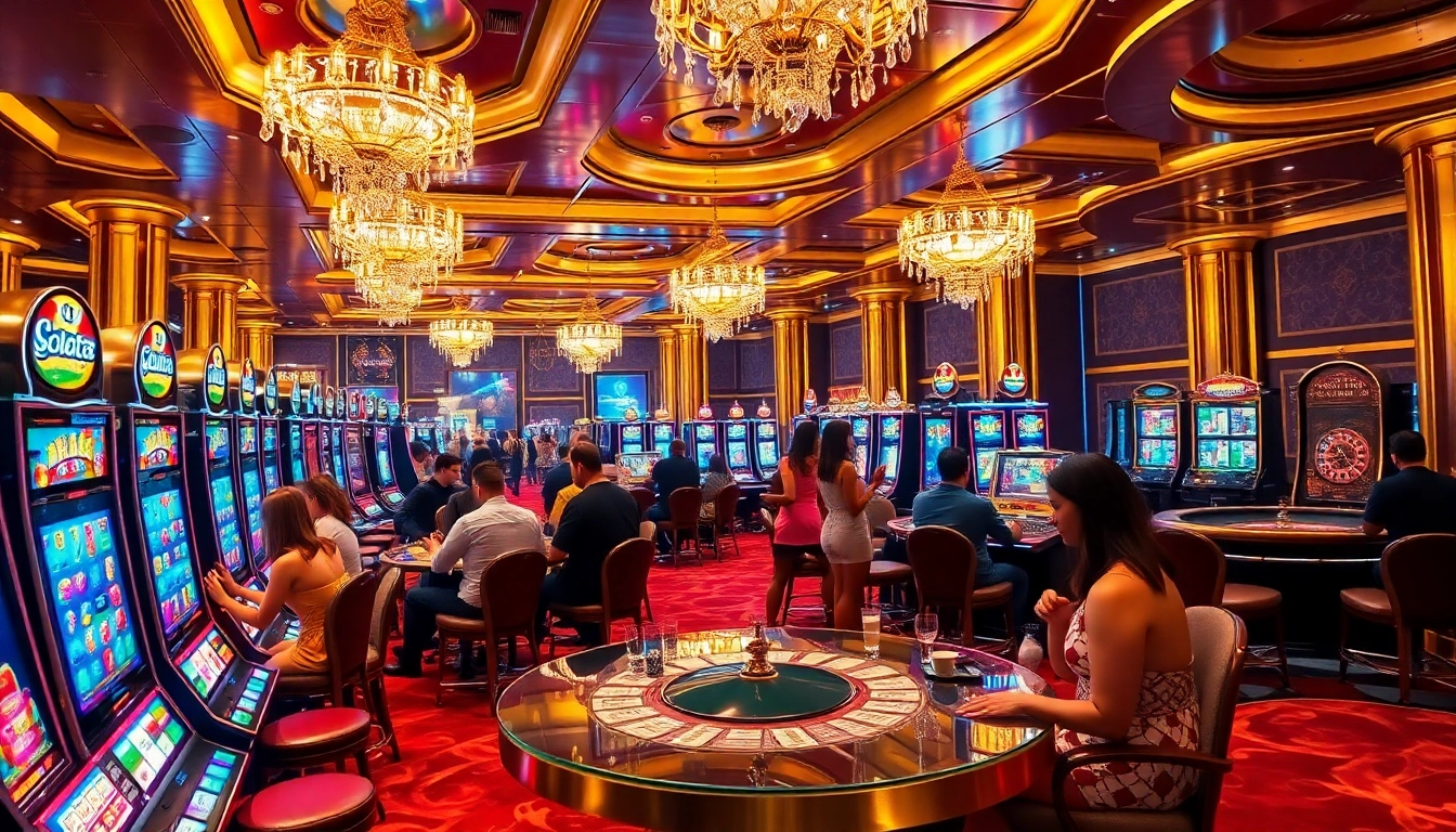 Players enjoying slot88 games at a luxurious casino filled with vibrant slot machines.
